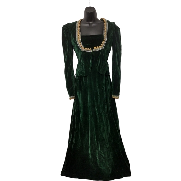 Gunne Sax Dresses & Skirts - Gunne Sax Black Label Green Velvet Jute Renaissance Style Dress and Jacket Set